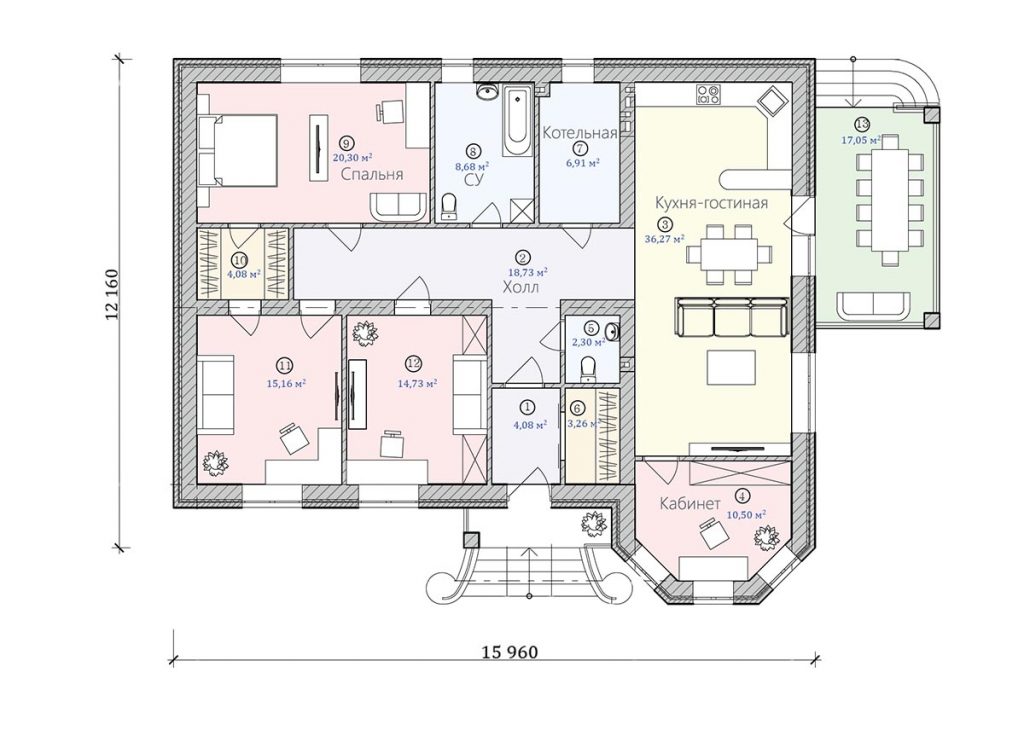 План дома с тремя спальнями и гостиной 120 м2
