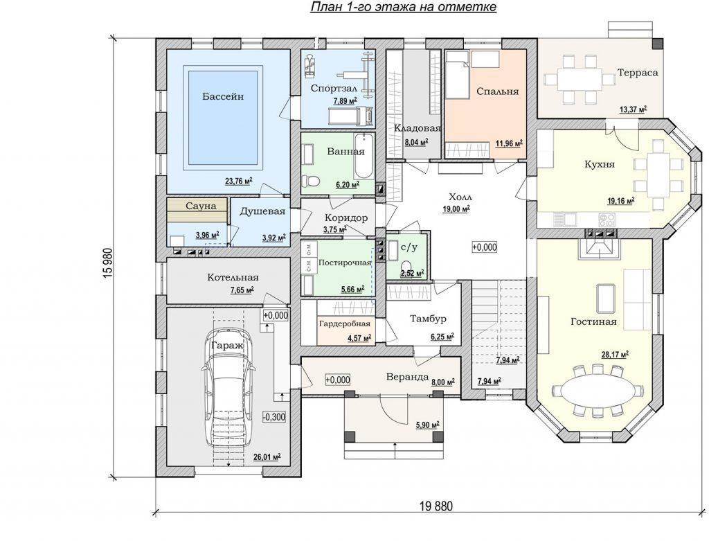 План этажа дома с бассейном и гаражом