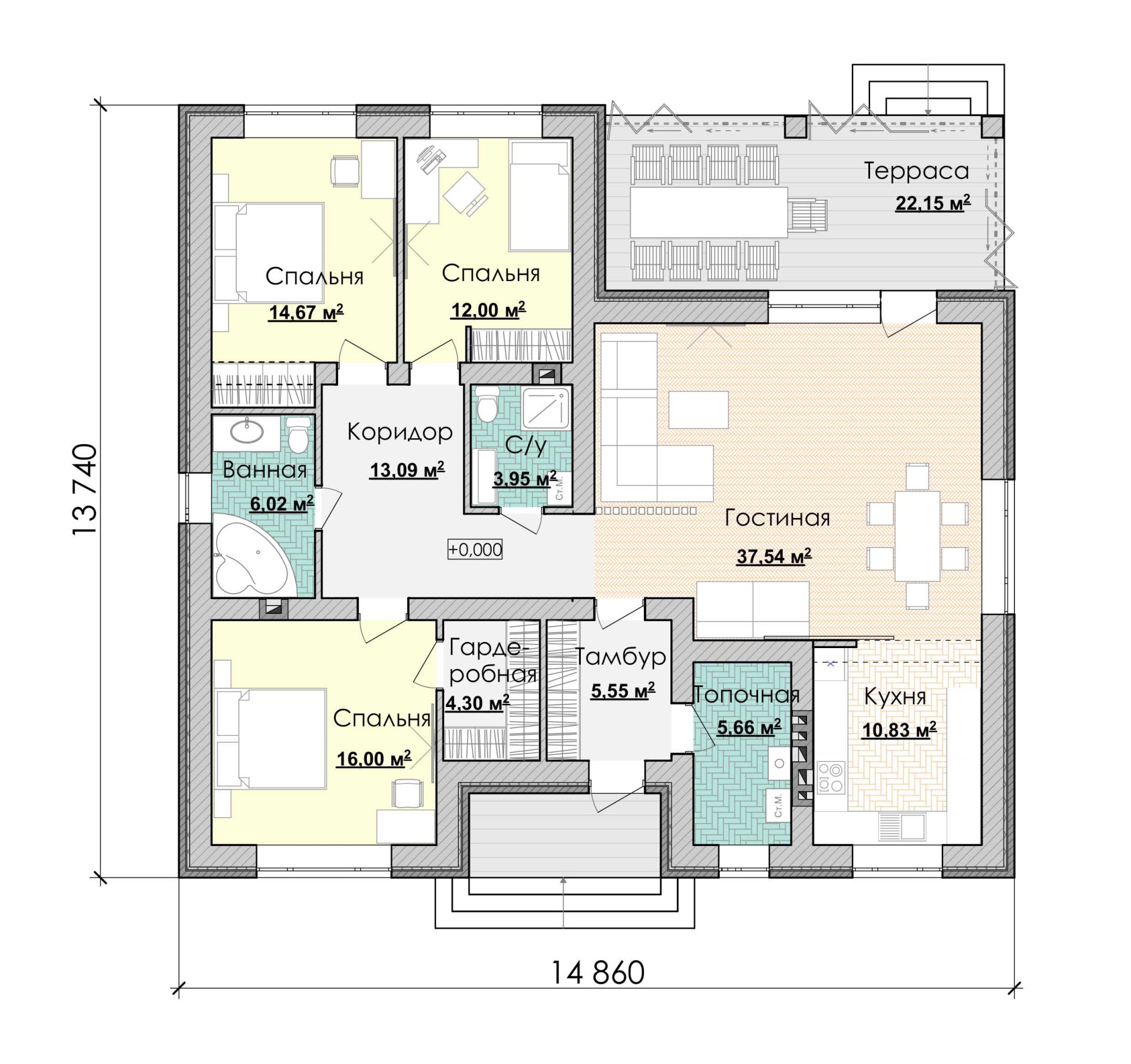 Готовый план стильного одноэтажного дома с тремя спальнями и уютной застекленной террасой