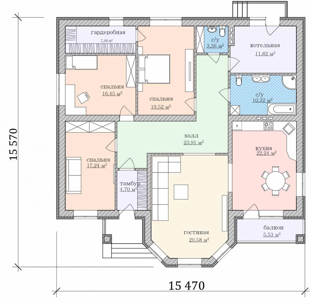 Планировка одноэтажного дома 3 спальни и кухня и гостиная