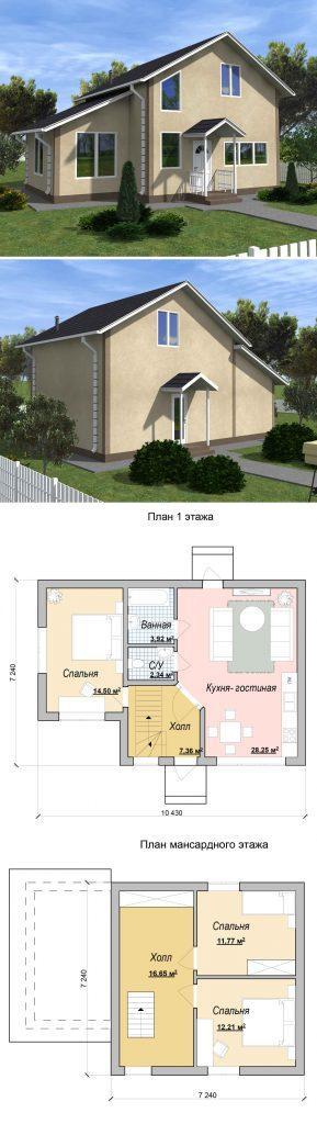 Проект маленького дома с мансардой 10.4 на 7.2 м