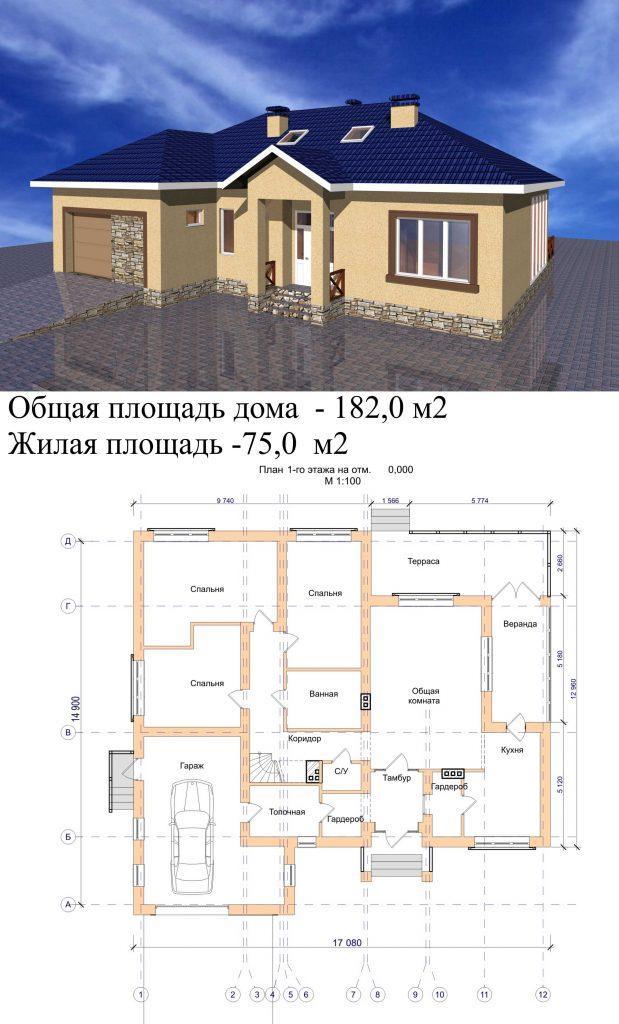 Проект одноэтажного дома прямоугольной формы