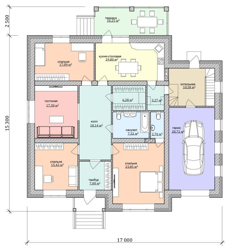 «Дега» - проект одноэтажного дома из газобетона, с террасой, 2 спальни - технические характеристики