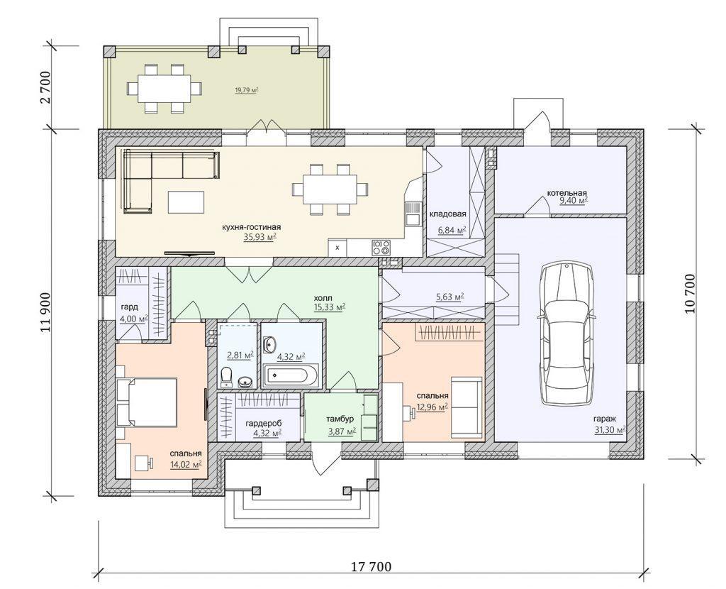 план одноэтажного прямоугольного дома