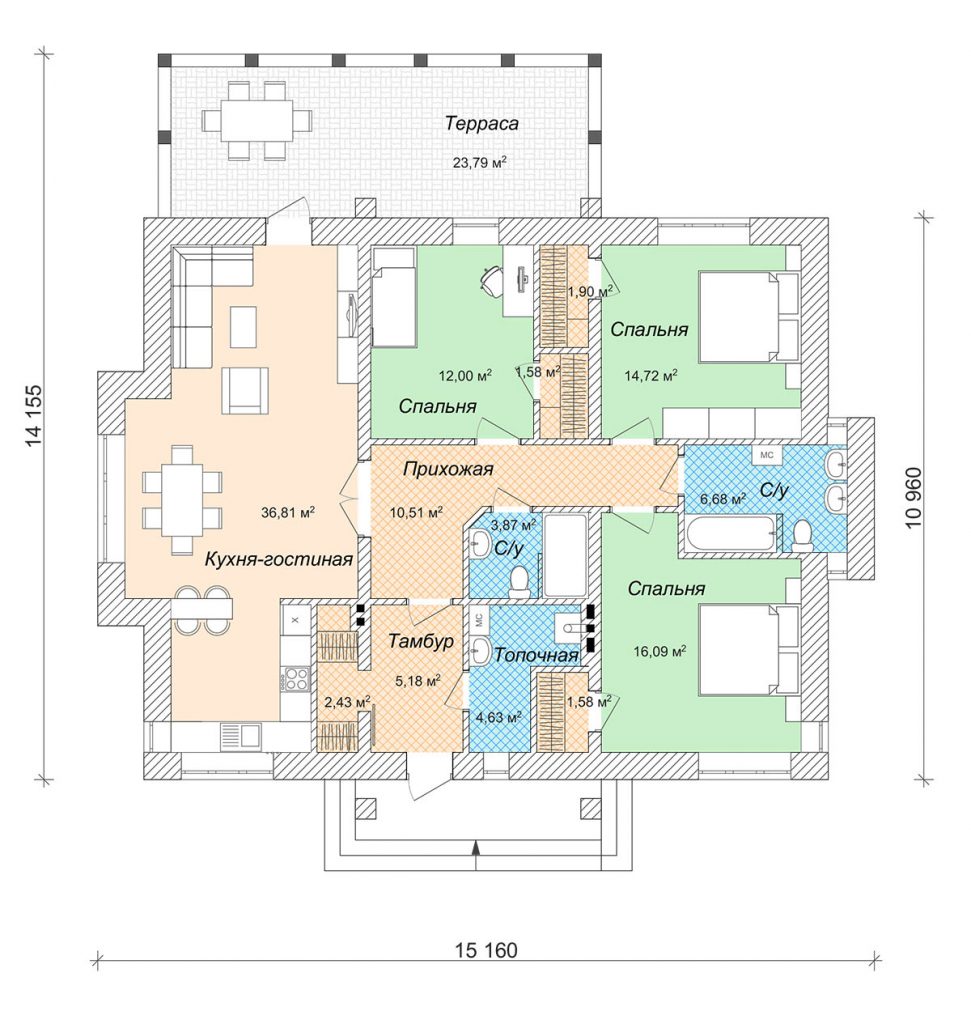Планировка одноэтажного дома с тремя спальнями и кухней гостиной и гардеробной
