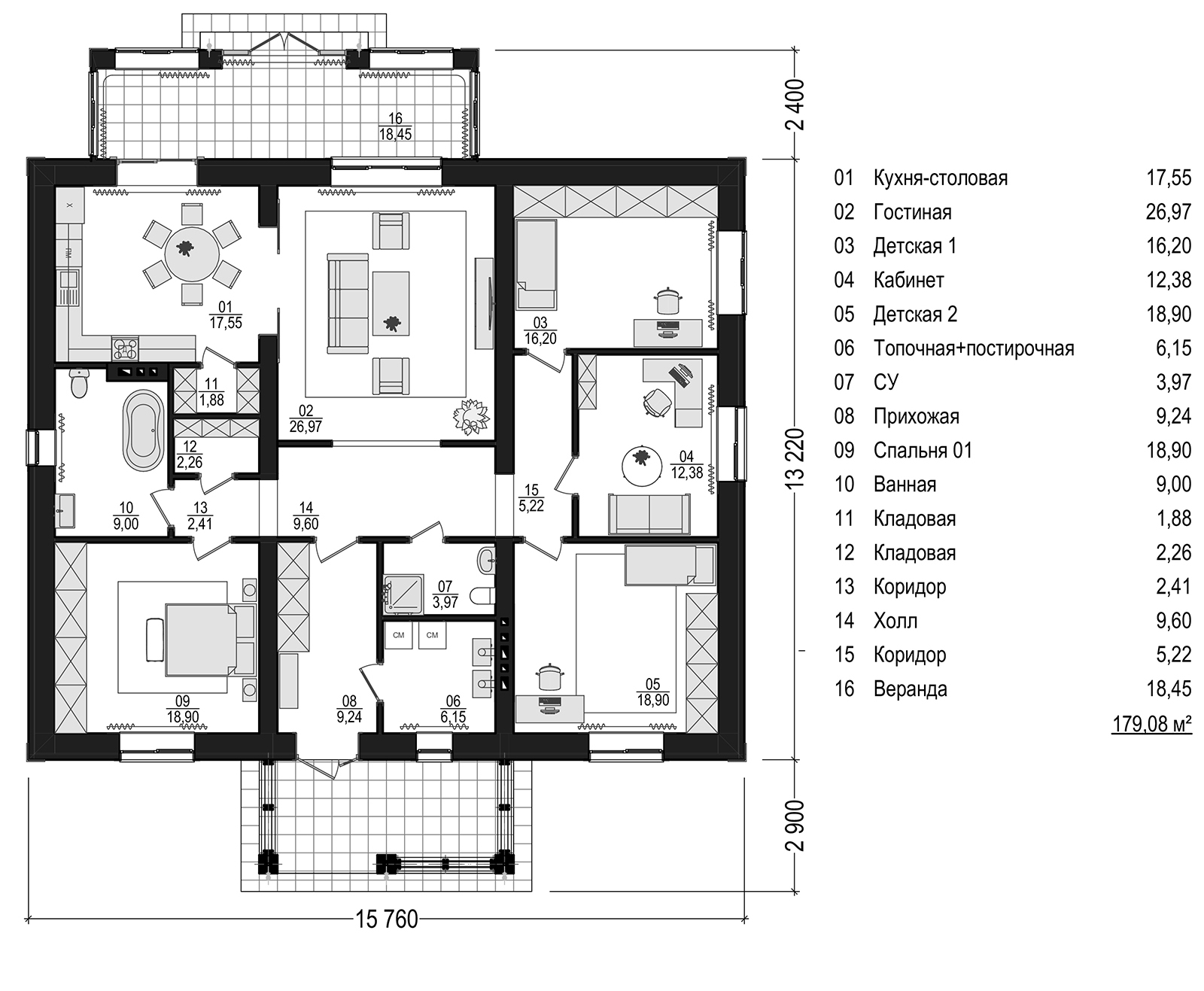 План дома со спальней, гостиной и детской до 180 м2