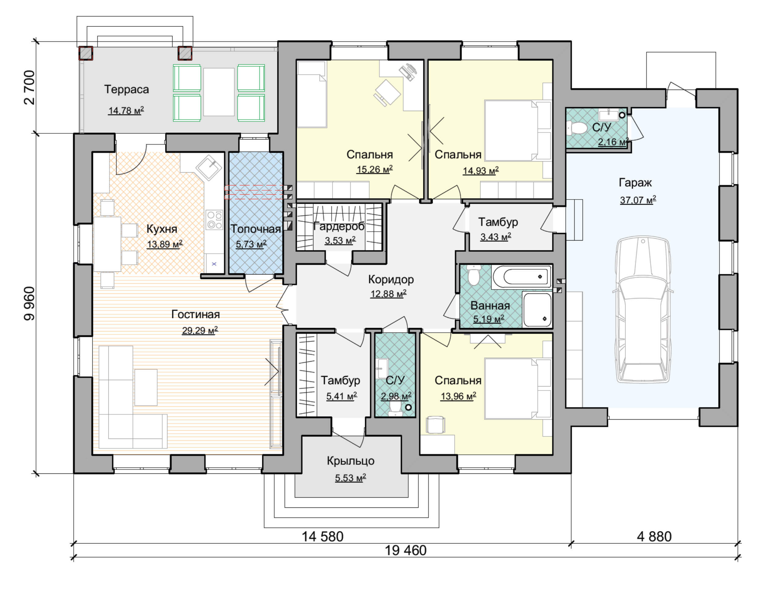 План дома с гаражом и тремя спальнями до 200 кв.м.