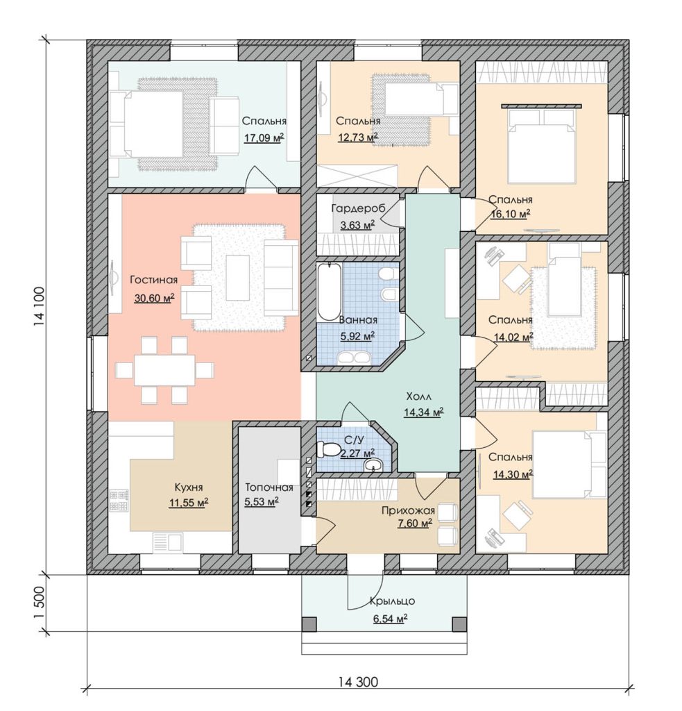 Проект одноэтажного дома с 5 спальнями | Архитектурное бюро 
