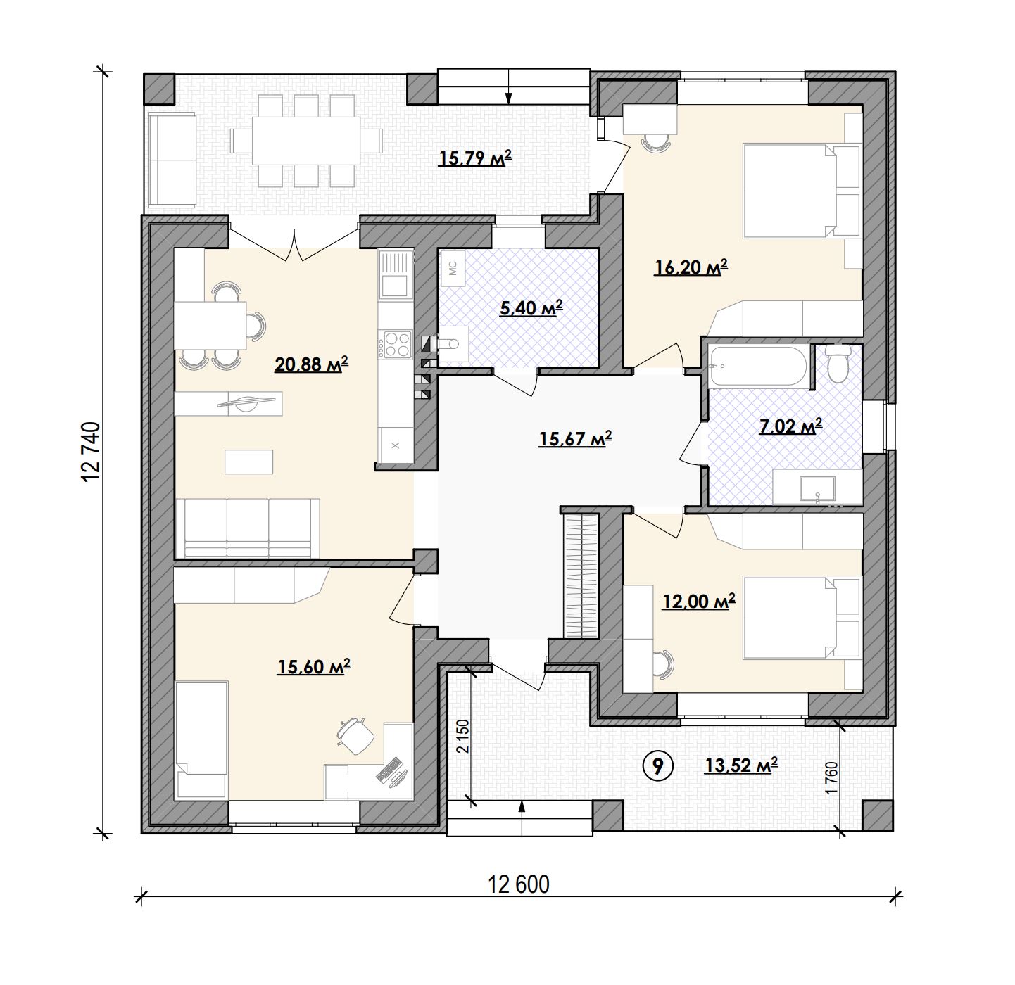 План дома с раздельной кухней и 3 спальнями