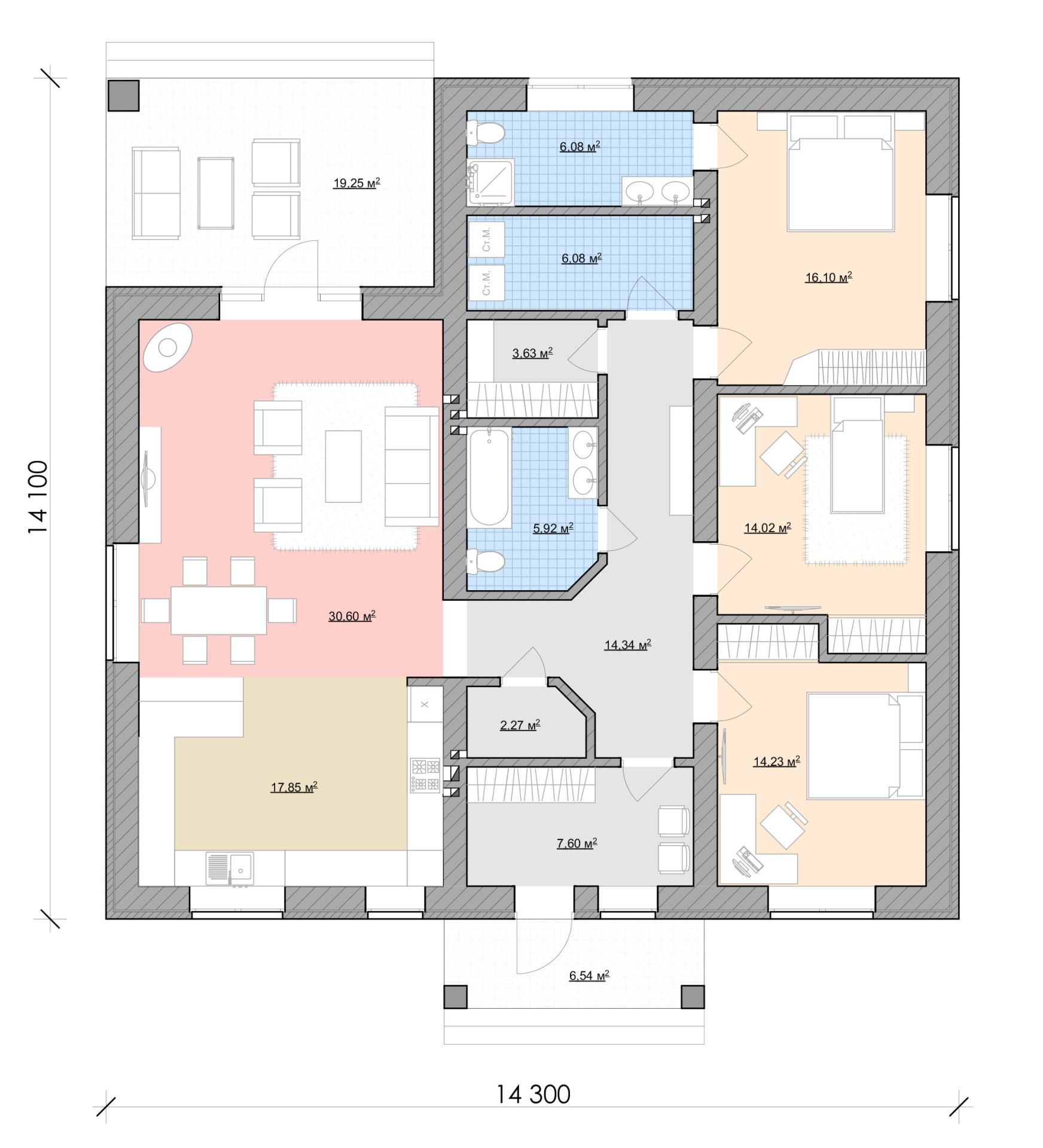 План дома 160 кв.м. с тремя спальнями